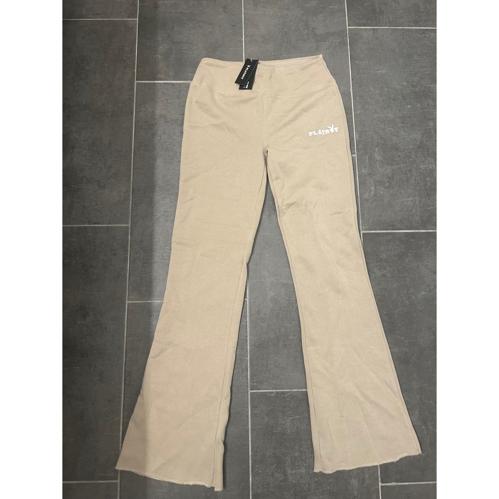 Playboy Womens Tan Beige Flared Sweatpants Logo Raw Hem PBU07-4099 Size M NEW